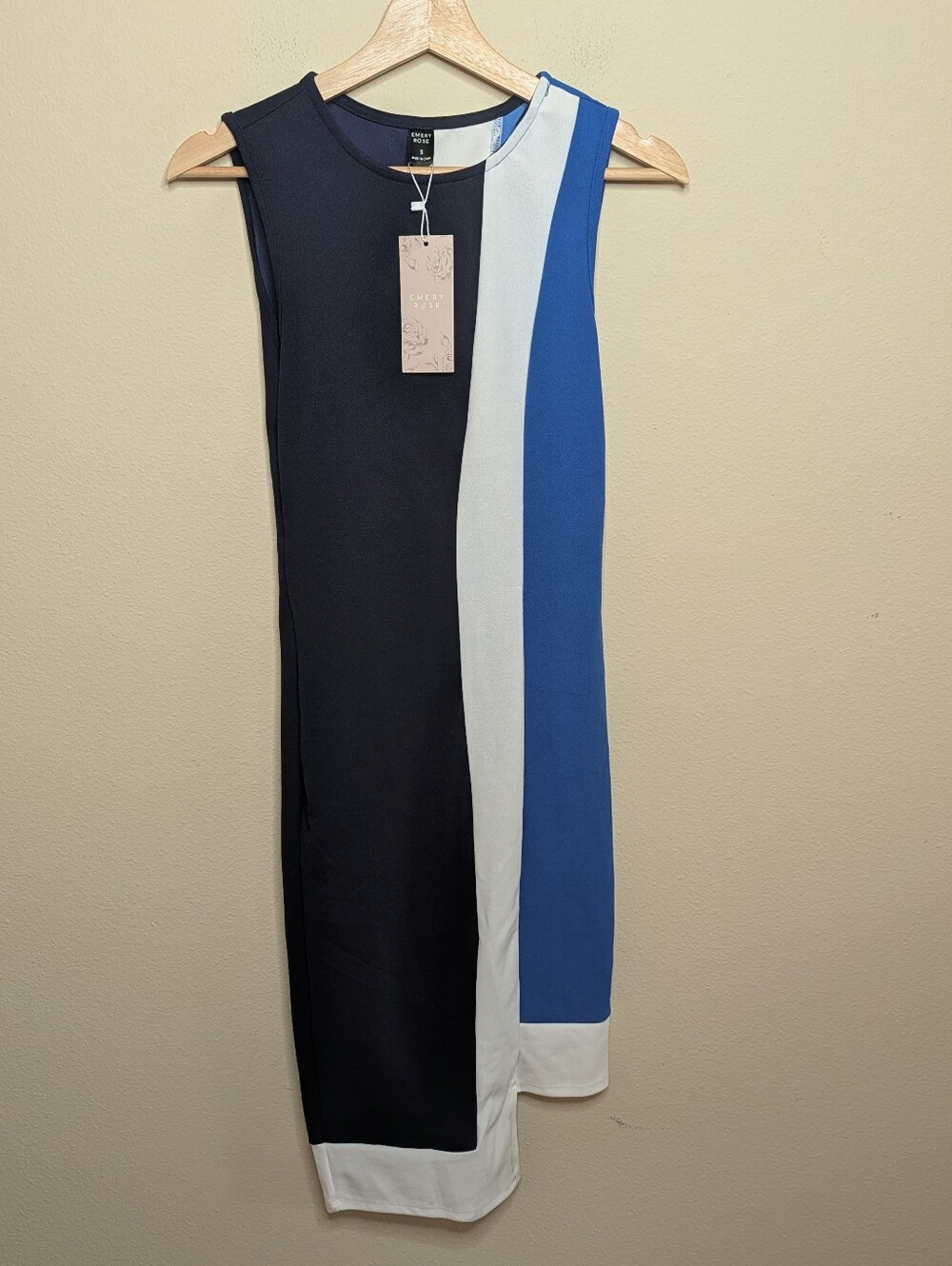 NWT Emery Rose Colorblock Midi Dress Size S Navy White Blue Asymmetrical Hem